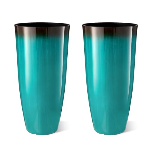 Glitzhome 30" H Tall Outdoor Planter, Set of 2 Large Tall Planters with Gradient Turquoise Faux Ceramic Finish, Plastic Large Flower Pots for Porch Garden Indoor All Season Decor,with Drainage Holes - color: Gradient Turquoise, size: 30" H