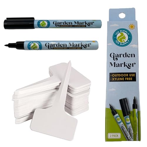 T Type Plastic Plant Labels for Seedlings (100 Pack T-Type Tags + 2 Garden Marker Pens) - Waterproof Outdoor Garden Stakes Markers - size: 100 x T-Type Plant Tags + 2 Pack Marker Pens
