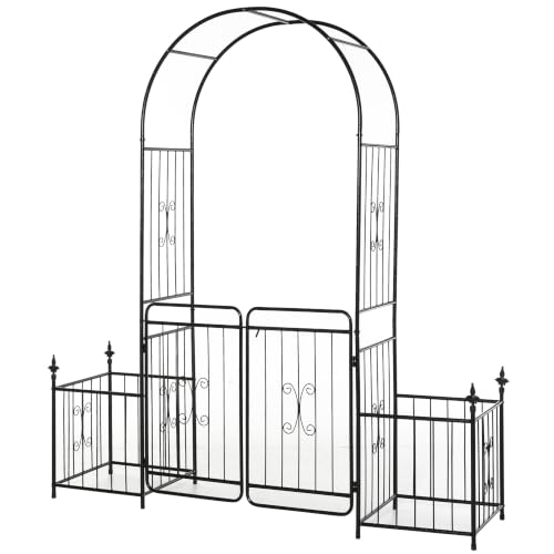 Outsunny 86" Garden Arbor Arch Gate with Trellis Sides for Climbing Plants, Wedding Ceremony Decorations, Grape Vines with Locking Doors, Planter Baskets, Flourishes & Arrow Tips, Black