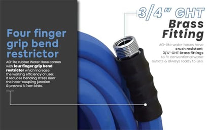 AG-LITE BSAL34100 3/4" x 100' Hot/Cold Water Rubber Garden Hose, 100% Rubber, Ultra-Light, Super Strong, 500 PSI, 50F to 190F Degrees, High Strength Polyester Braided - size: 3/4" x 100'