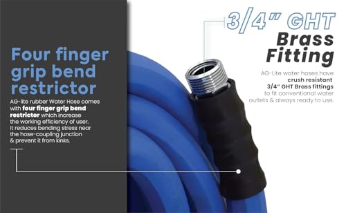 AG-LITE BSAL3475 3/4" x 75' Hot/Cold Water Rubber Garden Hose, 100% Rubber, Ultra-Light, Super Strong, 500 PSI, 50F to 190F Degrees, High Strength Polyester Braided - size: 3/4" x 75'