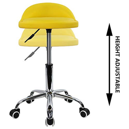 KKTONER PU Leather Round Rolling Stool with Back Rest Height Adjustable Swivel Drafting Work SPA Task Chair with Wheels (Yellow) - color: Yellow