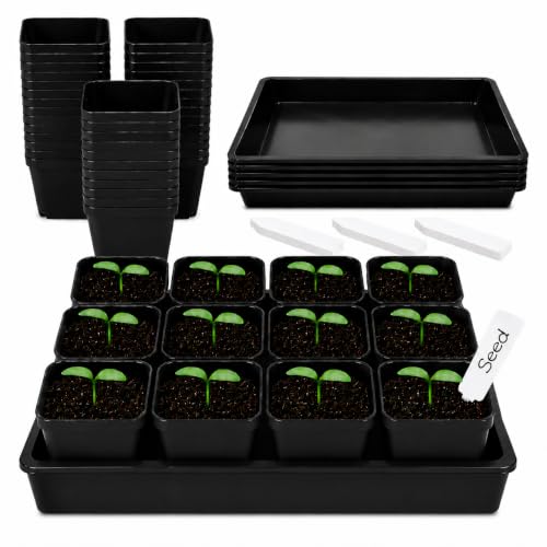 5 Pack Plastic Seed Starter Tray with 60pcs 3.5 inch Nursery Pots - size: Thick Trays+Square Pots-5P