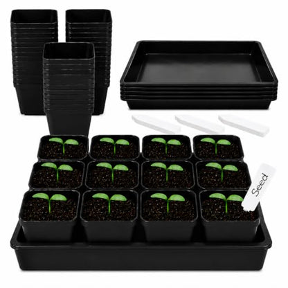 5 Pack Plastic Seed Starter Tray with 60pcs 3.5 inch Nursery Pots - size: Thick Trays+Square Pots-5P