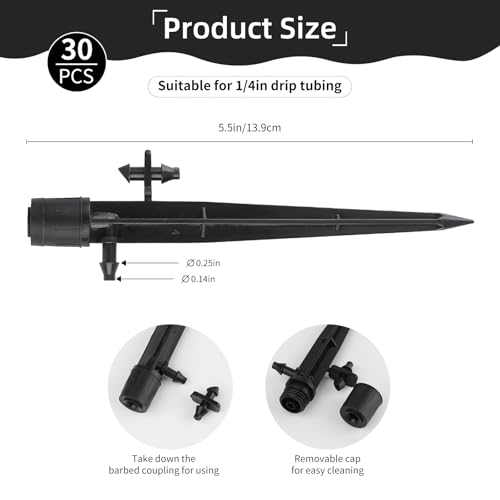 PineHaven 30 Pcs Drip Irrigation Emitters, Adjustable 0-20 GPH Drippers with Stake, 360 Degree Micro Sprinkler Heads for 1/4 Inch Tubing, Garden Lawn Flower Bed Watering System, Easy Installation ﻿