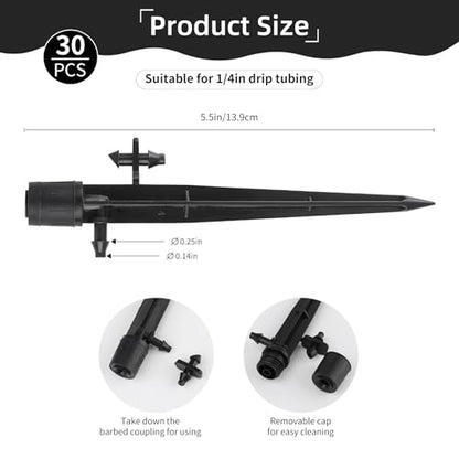 PineHaven 30 Pcs Drip Irrigation Emitters, Adjustable 0-20 GPH Drippers with Stake, 360 Degree Micro Sprinkler Heads for 1/4 Inch Tubing, Garden Lawn Flower Bed Watering System, Easy Installation ﻿