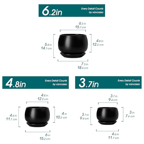 vancasso 3-Pack Ceramic Plant Pots, 3.7/4.8/6.2 Inch Indoor Planters with Saucers & Drainage Hole Planter pots for Indoor Plants and Flower, Black - color: Black, size: Small-3pcs/Set