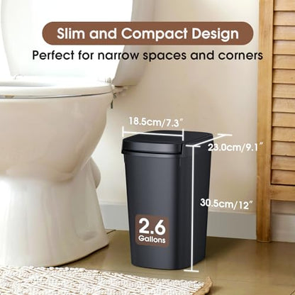 CEROELDA 3 Pack Slim Bathroom Trash Can, 10L/2.6 Gal with Press Top and Pop-up Lid, Plastic Wastebasket for Toilet, Office, Bedroom (Black) - color: 3 Pack-Black