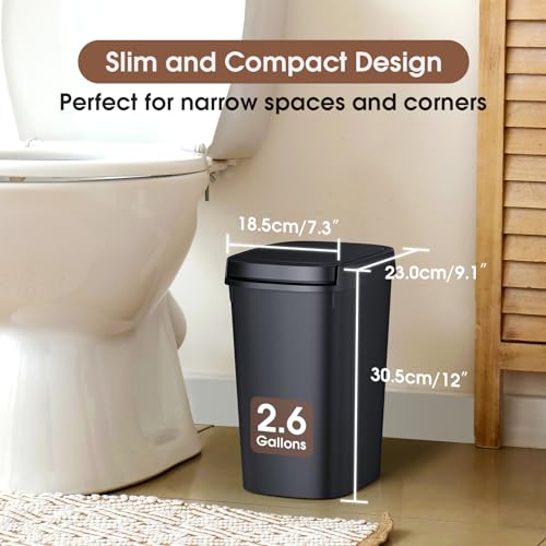 CEROELDA 3 Pack Slim Bathroom Trash Can, 10L/2.6 Gal with Press Top and Pop-up Lid, Plastic Wastebasket for Toilet, Office, Bedroom (Black) - color: 3 Pack-Black
