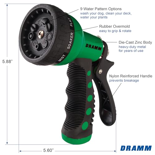 Dramm Revolver Heavy Duty Metal Garden Hose Nozzle – 9 Spray Patterns, High Pressure Jet, Thumb-Control Flow, Ergonomic Grip – Green - color: Green, size: Revolver