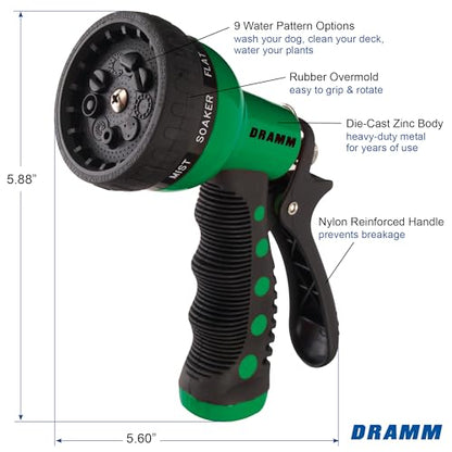 Dramm Revolver Heavy Duty Metal Garden Hose Nozzle – 9 Spray Patterns, High Pressure Jet, Thumb-Control Flow, Ergonomic Grip – Green - color: Green, size: Revolver