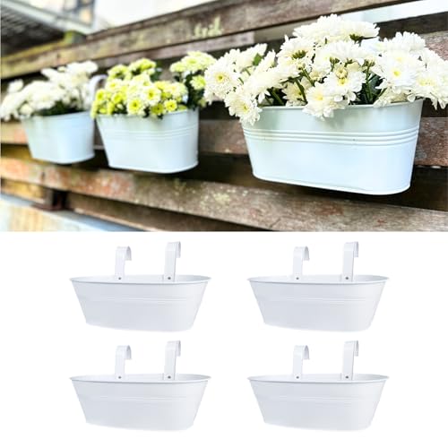 LaLaGreen Hanging Rail Planter (15 in, 4 Pack) White Large Metal Deck Pots - size: 15" (38cm) x 4 Pack
