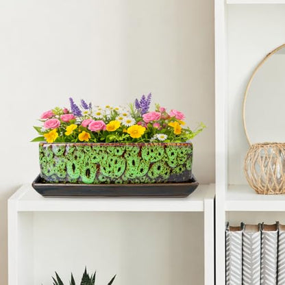Succulent Pots - Long Rectangle Succulent Planters with Drainage Tray - color: Green