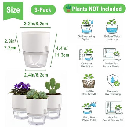 3.2 Inch Self Watering Planters 3 Pack Plastic Wicking Pots White - color: 3.2''-3pack-white