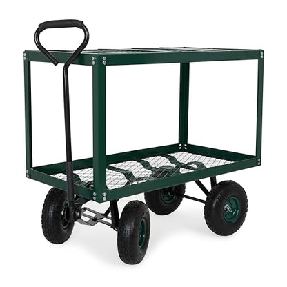 Backyard Expressions 2 Tier Garden Cart, 600 lb Total Capacity, Outdoor Utility Cart with Wheels, Steel Mesh Shelves, Pneumatic Tires, Pull Handle Rolling Wagon for Yard & Lawn - style: 2 Tier