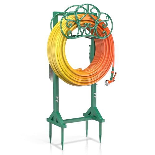 Garden Hose Holder with 2 Tool Hooks Heavy-Duty Freestanding Water Hose Holder Holds 160Ft Hoses, Rustproof Freestanding Hose Stand with 4 Spikes Hose Hanger Storage Rack for Outside, Yard, Lawn - color: Green, size: Floral