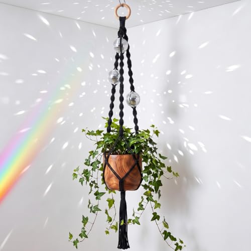 Shappy Macrame Disco Ball Plant Hanger, Boho Hanging Planter Home Decor - color: Black, size: Style F