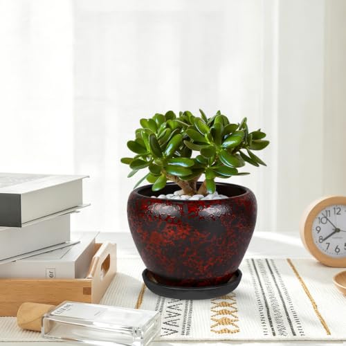 Ceramic Plant Pots With Saucer & Drainage Hole, 8 inch Indoor Flower Pots - color: Red, size: 8 inch