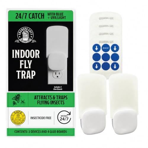 Grandpa Gus’s Indoor Fly Trap Plug-In 2 Pack - UV Light Insect Catcher for Flies, Gnats, Fruit Flies, Mosquitoes, Moths - No Insecticides, Sticky Glue Trap for Kitchen, Garage, w/ 4 Refill Glue Boards