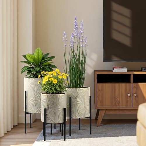 LuxenHome Planters for Indoor Plants, Set of 3 Floor Plants Pots with Stand - color: Green Gray