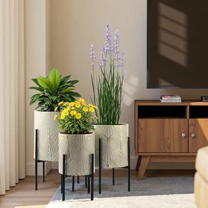 LuxenHome Planters for Indoor Plants, Set of 3 Floor Plants Pots with Stand - color: Green Gray