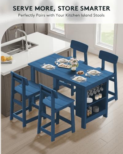 SERWALL 3-Piece Outdoor HDPE Counter-Height Bar Set with 2 Stools, Blue - color: Blue, size: 3 Piece Bar Set