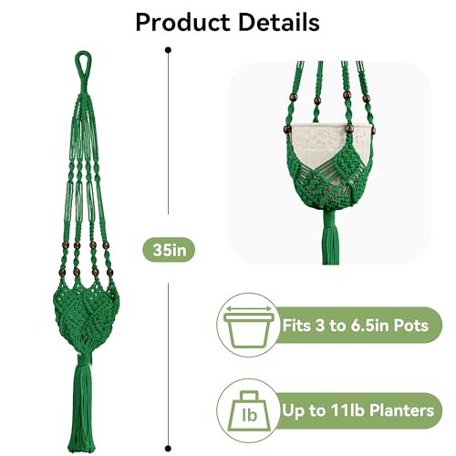 USLAI Macrame Plant Hanger, for Up to 6.5 Inch Pots, 35 Inch, Green, 2 Pack - color: 35+35 Inch - Green