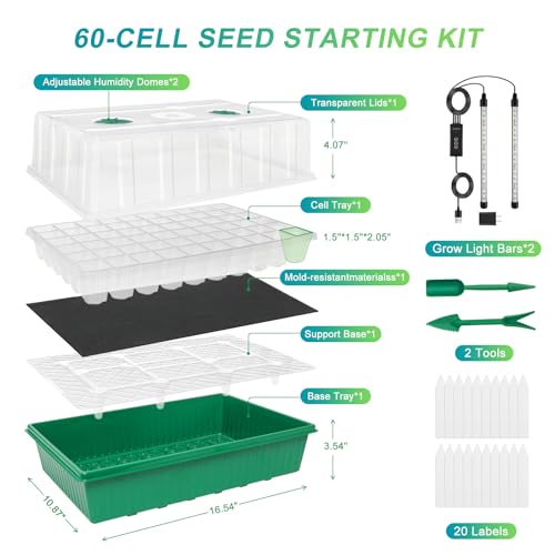 GOOINMILL Self-Watering Seed Starter Tray with Timed Grow Light, 60 Cells Plant Starter Tray Seedling Starter Kit with Humidity Domes Base Indoor Mini Greenhouse Plant Germination Trays