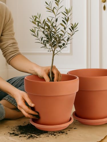 INGOFIN 12 Inch Terracotta Pot Set of 2 with Saucer - Ceramic Clay Pot for Plants with Drainage Hole, Large Terra Cotta Flower Planter with Tray for Indoor Outdoor Plants - size: 12/12 inch -2 pcs