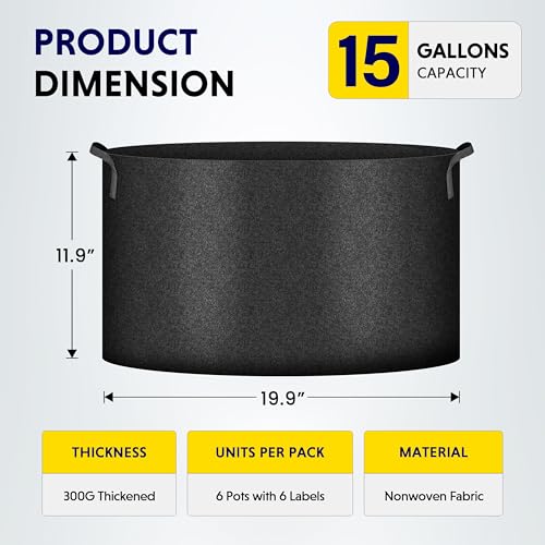iPower Plant Grow Bag 15 Gallon 6-Pack Heavy Duty Fabric Pots, 300g Thick Nonwoven Fabric Containers Aeration with Nylon Handles, for Planting Vegetables, Fruits, Flowers, Black 2024 Version - color: Black, size: 15 Gallon