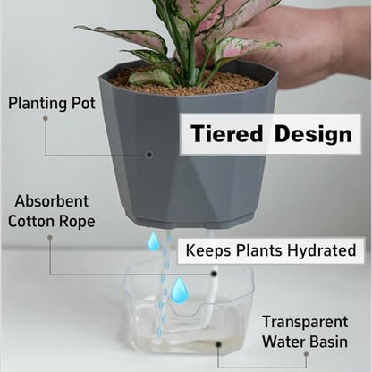 4 Packs Self Watering Plant Pots, Plastic Flower Pots with Drainage Hole and Saucer, Self Watering Planters for Indoor Outdoor Garden Plants, African Violet, Herbs (White, 5")