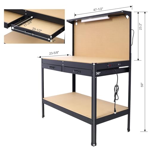 Heavy-Duty Workbench with Pegboard, Two Drawers, and LED Light, Multipurpose Garage Workstation