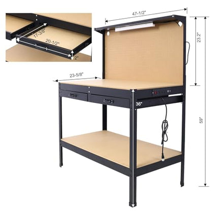 Heavy-Duty Workbench with Pegboard, Two Drawers, and LED Light, Multipurpose Garage Workstation