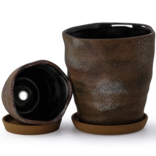 4+6 Inch Ceramic Planter Set of 2 with Drainage Hole and Saucer for Plants, Indoor-Outdoor Large Irregular Succulent Orchid Flower Pot- Cement Paint, Inner-pots not Larger Than 5 Inch - color: Brown, size: 4inch+6inch-Set of 2