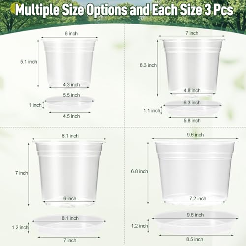 10/8/7/6 Inch Clear Nursery Pots with Drainage Holes and Saucers,12 Pack Large Clear Pots for Seedling Starter,Repotting,Growing Plants,Seedings,Flowers & Vegetables