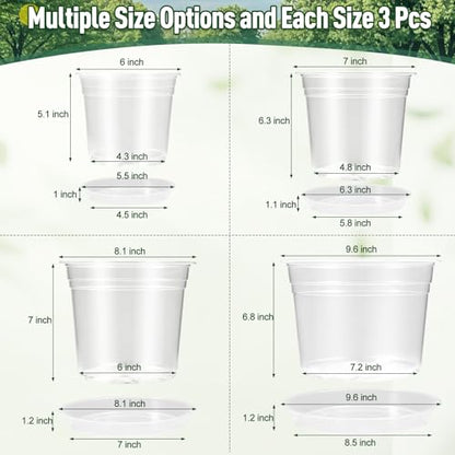 10/8/7/6 Inch Clear Nursery Pots with Drainage Holes and Saucers,12 Pack Large Clear Pots for Seedling Starter,Repotting,Growing Plants,Seedings,Flowers & Vegetables