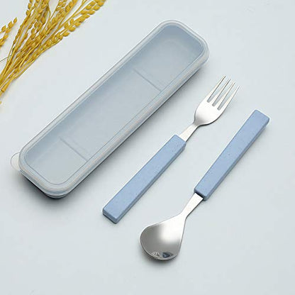 VANRA 2-Piece Children Flatware Set 18/10 Stainless Steel Child Tableware Set Silver Cutlery Set Silverware Dinner Utensils Spoon Fork Set with Travel Case for Kids (Chrome Finished) (Blue) - color: Blue