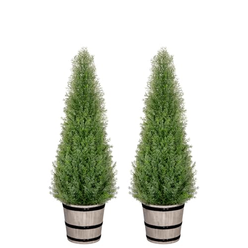 VIVATREES 3FT Artificial Cedar Topiary Trees with Rustic Barrel Planter, Outdoor Indoor Realistic Faux Pine Shrubs Plants, Fake Cypress Trees for Home Offices Porch Decor, Set of 2 - size: 3FT