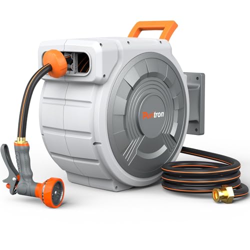 Retractable Garden Hose Reel 85 ft x 1/2 inch, Heavy Duty Automatic Garden Hose Reels, High-Flow, Any Length Lock, 180° Swivel Bracket, Brass Fitting, Wall Mount Water Hose Reel for Outside - color: 85 Ft X 1/2 Inch