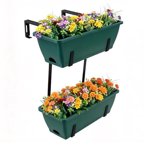 16.9 Inches Deck Railings Planter Box, 2Pcs Hanging Flower Pots, Green - color: Black Green