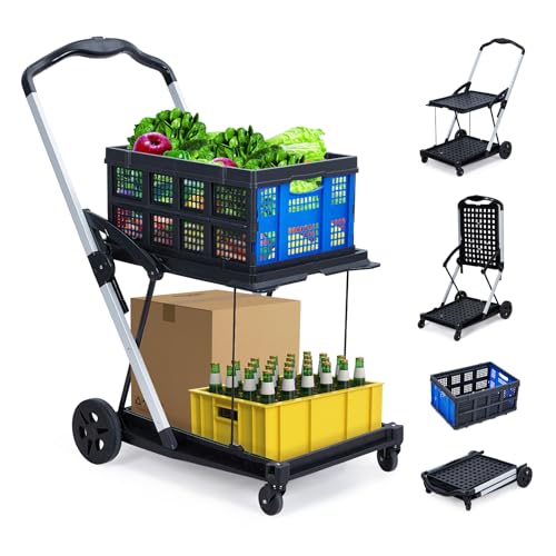 Jojoka Heavy Duty 2-Tier Collapsible Garden Cart – Lightweight Aluminum-PP Frame – 360° Swivel Wheels – Removable Crate for Market, Office, Travel, Home – 198 lbs Capacity, Blue - color: Blue
