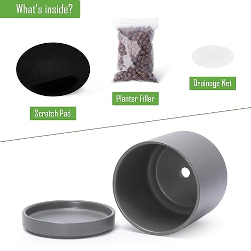 D'vine Dev 2-Pack Ceramic Pots with Saucers, Grey, 4/6 in, 94-G-S-3 - color: Gray, size: Small