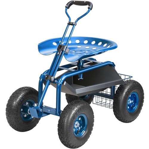 VEVOR Garden Cart Rolling Workseat with Wheels, Gardening Stool for Planting, 360 Degree Swivel Seat, Wagon Scooter with Steering Handle & Utility Tool Tray, Use for Patio, Yard, and Outdoors, Blue - color: Blue