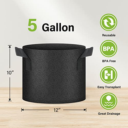HealSmart Plant Grow Bags 5 Gallon, Tomoato Planter Pots 10-Pack with Handles, Aeration Nonwoven Fabric, Heavy Duty Gardening Planter for Vegetable, Herbs and Flowers, Black - color: Black, 10 Pack, size: 5 Gallon