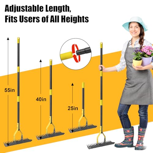 Manual Thatch Rake, 15" Dual-Sided Head with 19 Sharp Tines,55" Adjustable - size: 55''