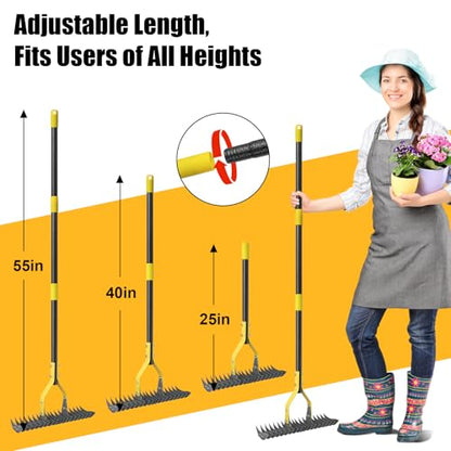 Manual Thatch Rake, 15" Dual-Sided Head with 19 Sharp Tines,55" Adjustable - size: 55''