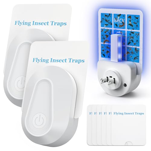 Flying Insect Trap Kit Indoor Fly Trap Fruit Fly and Gnat Trap w/ 2 Traps and 6 Sticky Refills Plug-in Device Bug Catcher for Mosquitoes, Moths, and etc