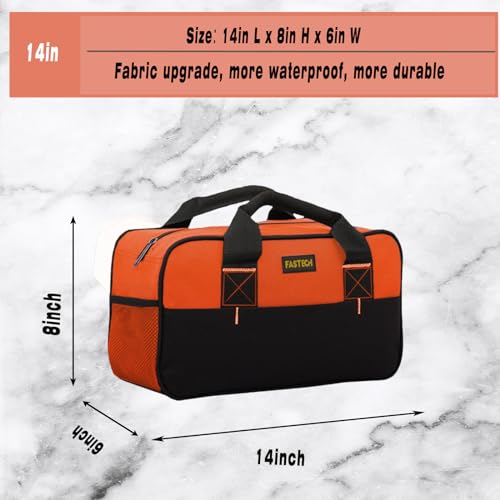 FASTECH 14 Inch Small Tool Tote Bag, Wide Mouth Zipper Bag, Waterproof Tool Organizer Bag, Multi-Pockets Wide Mouth Tool Tote For Man/Woman (Orange) - size: Orange