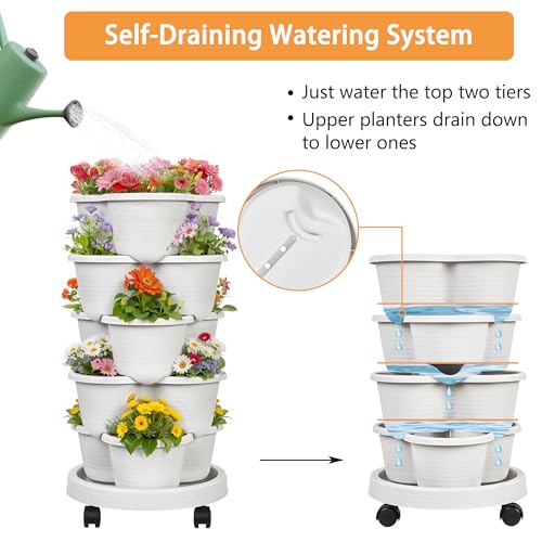 VECELO 5 Tier Vertical Garden Planter, Self Watering Stackable Planters with Wheels for Strawberries, Herbs, Flowers, Vegetables, Gray - color: Gray, size: 5 Tier