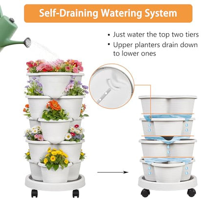 VECELO 5 Tier Vertical Garden Planter, Self Watering Stackable Planters with Wheels for Strawberries, Herbs, Flowers, Vegetables, Gray - color: Gray, size: 5 Tier